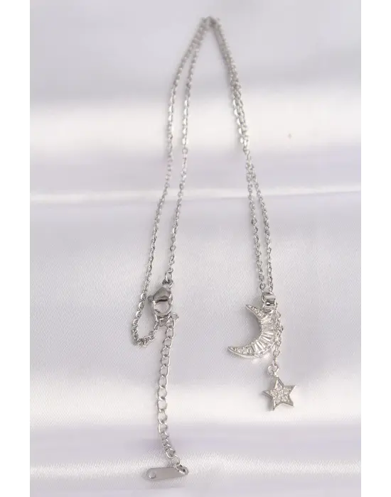  Zincir Gümüş  Zirkon Taşlı Ay Yıldız Çelik Kolye