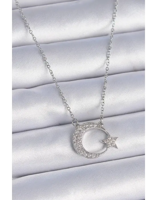  Zincir Gümüş  Zirkon Taşlı Ay Yıldız Model  Çelik Kolye