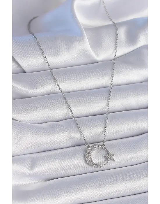  Zincir Gümüş  Zirkon Taşlı Ay Yıldız Model  Çelik Kolye