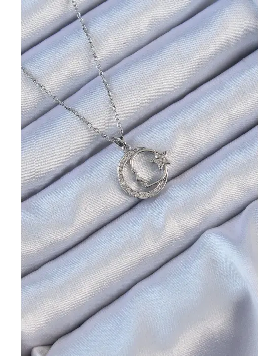  Zincir Gümüş  Zirkon Taşlı Ay Yıldız Simgeli Atatürk Çelik Kolye