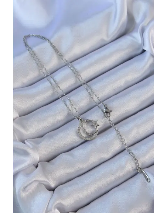  Zincir Gümüş  Zirkon Taşlı Ay Yıldız Simgeli Atatürk Çelik Kolye