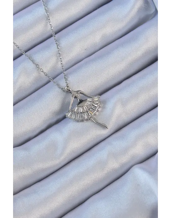  Zincir Gümüş  Zirkon Taşlı Balerin Çelik Kolye