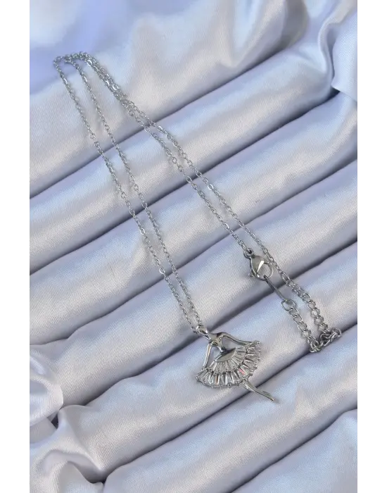  Zincir Gümüş  Zirkon Taşlı Balerin Çelik Kolye