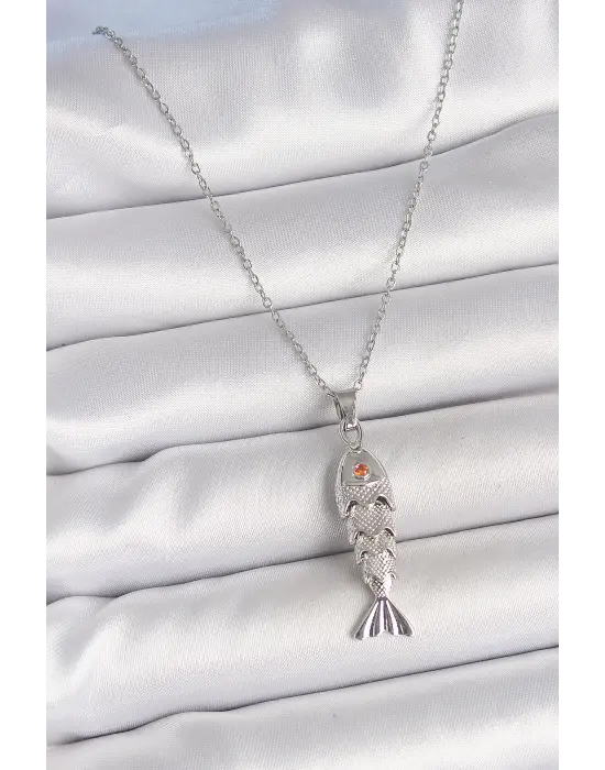 316L Çelik Zincir Gümüş Renk Zirkon Taşlı Balık Figürlü Kolye