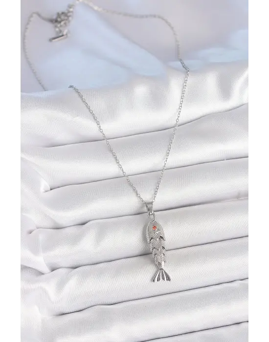 316L Çelik Zincir Gümüş Renk Zirkon Taşlı Balık Figürlü Kolye