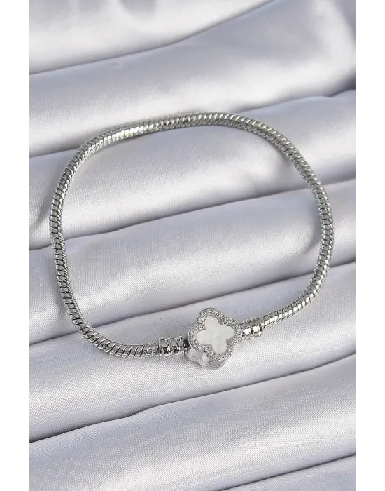 316L Çelik Zincir Gümüş Renk Zirkon Taşlı Beyaz Yonca Figür Charm Model Kadın Bileklik