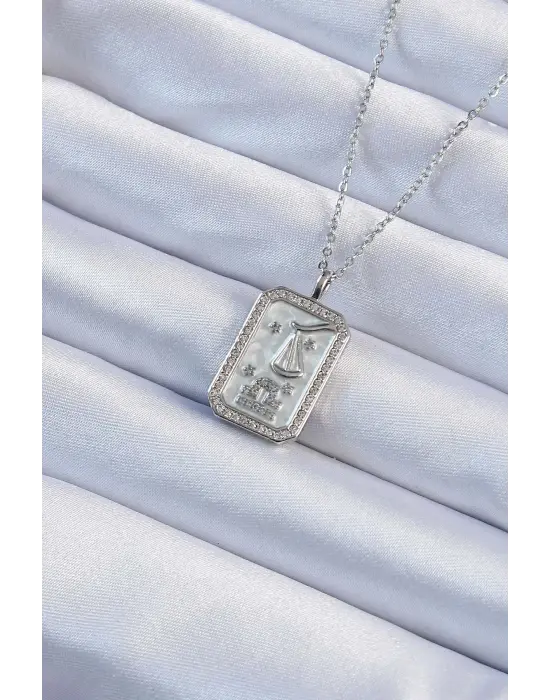  Zincir Gümüş  Zirkon Taşlı Çerçeveli Tarot Çelik Kolye
