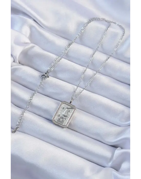  Zincir Gümüş  Zirkon Taşlı Çerçeveli Tarot Çelik Kolye