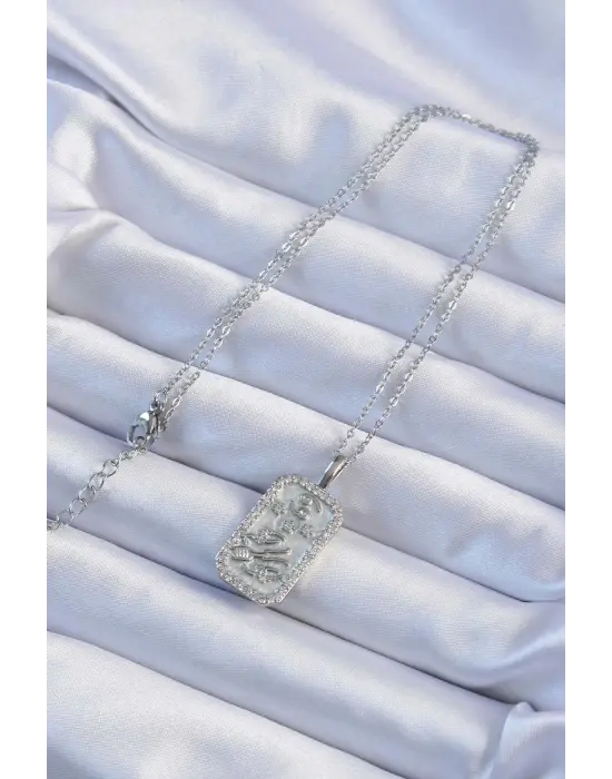  Zincir Gümüş  Zirkon Taşlı Çerçeveli Tarot Çelik Kolye