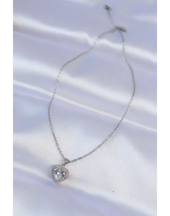  Zincir Gümüş  Zirkon Taşlı Charm Kalp Çelik Kolye