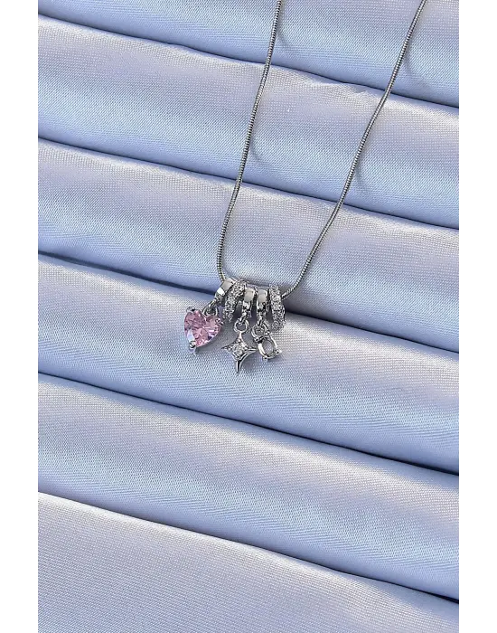  Zincir Gümüş  Zirkon Taşlı Charm Model Çelik Kolye