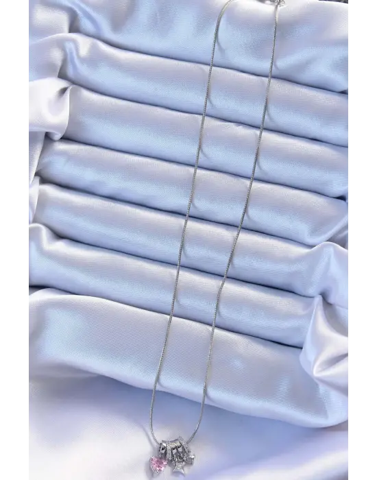  Zincir Gümüş  Zirkon Taşlı Charm Model Çelik Kolye