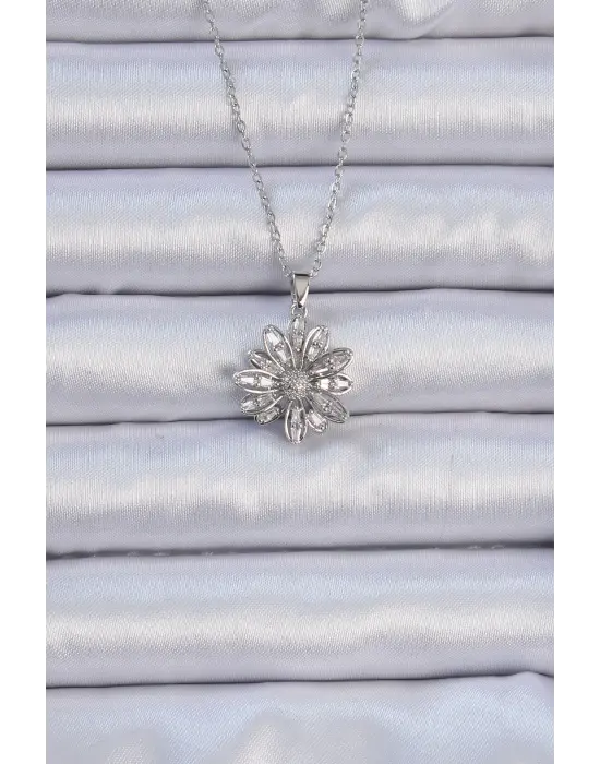  Zincir Gümüş  Zirkon Taşlı Çiçek Çelik Kolye