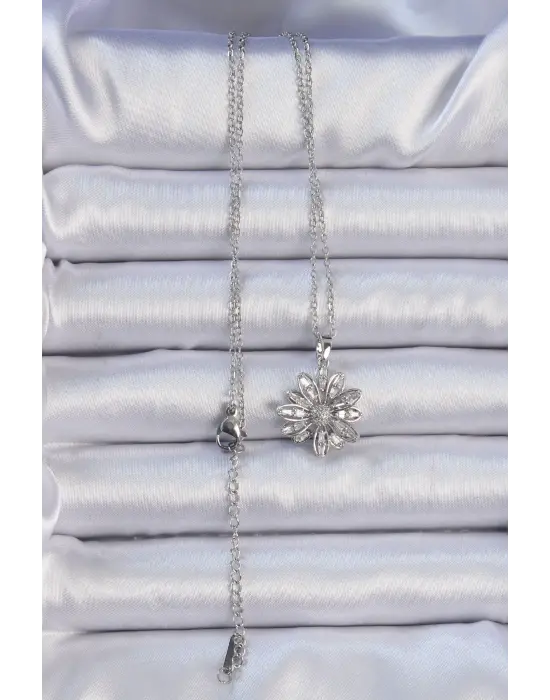  Zincir Gümüş  Zirkon Taşlı Çiçek Çelik Kolye