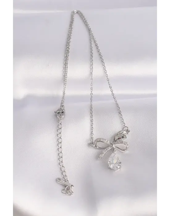  Zincir Gümüş  Zirkon Taşlı Damla Detay Fiyonk Çelik Kolye