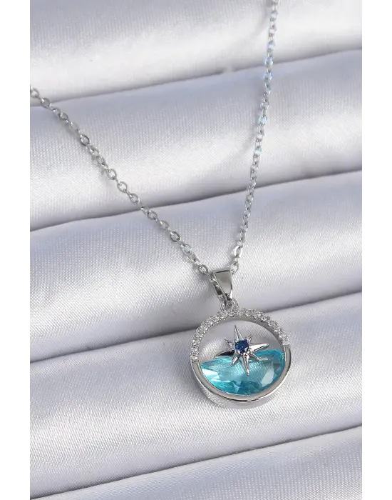  Zincir Gümüş  Zirkon Taşlı Deniz Görünüm Kutup Yıldızı Çelik Kolye
