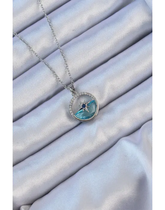  Zincir Gümüş  Zirkon Taşlı Deniz Görünüm Kutup Yıldızı Çelik Kolye