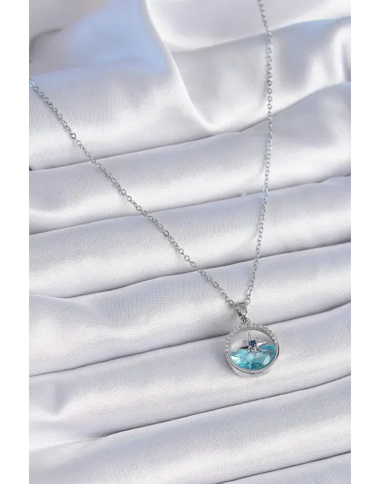  Zincir Gümüş  Zirkon Taşlı Deniz Görünüm Kutup Yıldızı Çelik Kolye