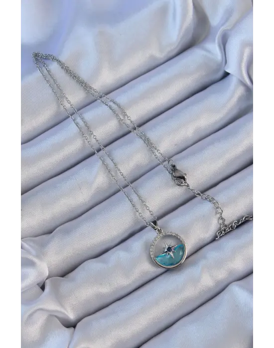 Zincir Gümüş  Zirkon Taşlı Deniz Görünüm Kutup Yıldızı Çelik Kolye