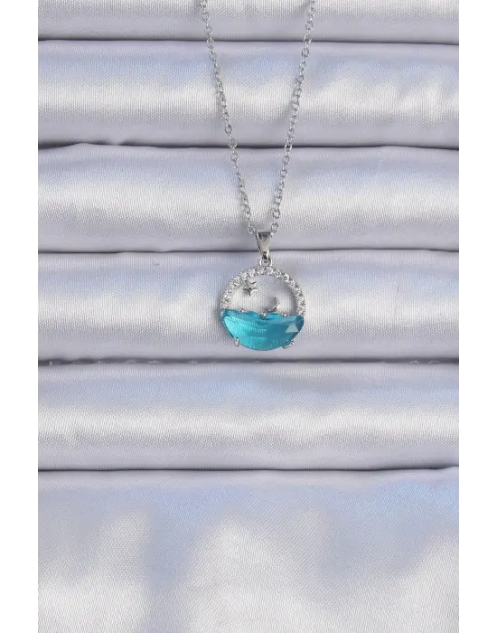  Zincir Gümüş  Zirkon Taşlı Deniz Görünümlü Ay Yıldız Çelik Kolye