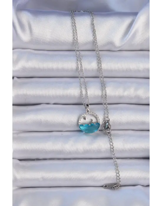  Zincir Gümüş  Zirkon Taşlı Deniz Görünümlü Ay Yıldız Çelik Kolye