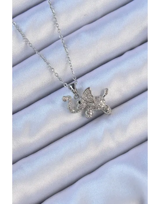  Zincir Gümüş  Zirkon Taşlı Fil Çelik Kolye