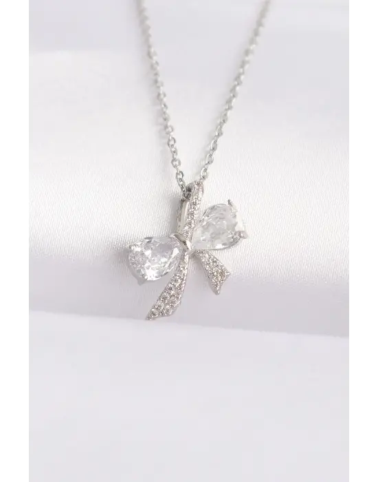  Zincir Gümüş  Zirkon Taşlı Fiyonk Çelik Kolye