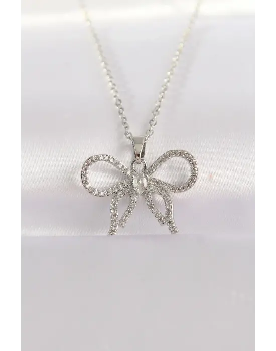  Zincir Gümüş  Zirkon Taşlı Fiyonk Çelik Kolye