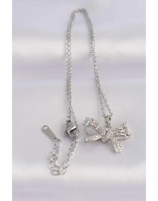  Zincir Gümüş  Zirkon Taşlı Fiyonk Çelik Kolye