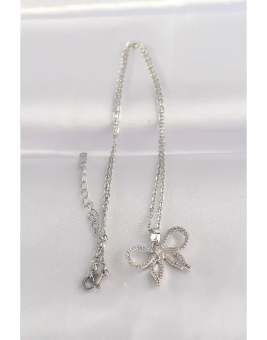  Zincir Gümüş  Zirkon Taşlı Fiyonk Çelik Kolye