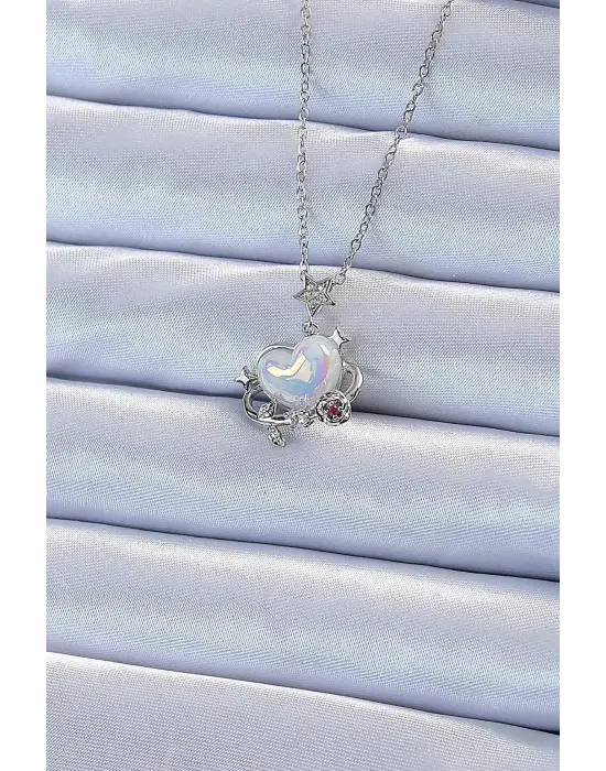  Zincir Gümüş  Zirkon Taşlı Gezegen Görünümlü Kalp Çelik Kolye