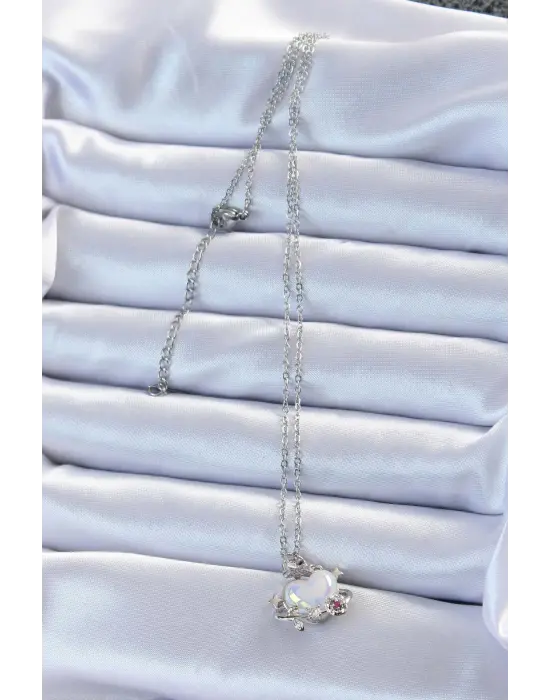  Zincir Gümüş  Zirkon Taşlı Gezegen Görünümlü Kalp Çelik Kolye