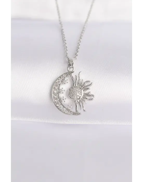  Zincir Gümüş  Zirkon Taşlı Güneş Detay Ay Çelik Kolye
