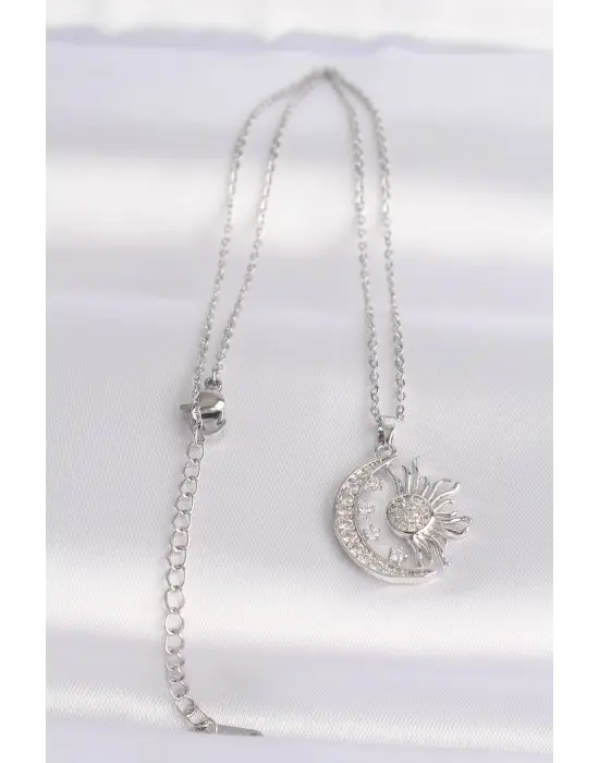  Zincir Gümüş  Zirkon Taşlı Güneş Detay Ay Çelik Kolye