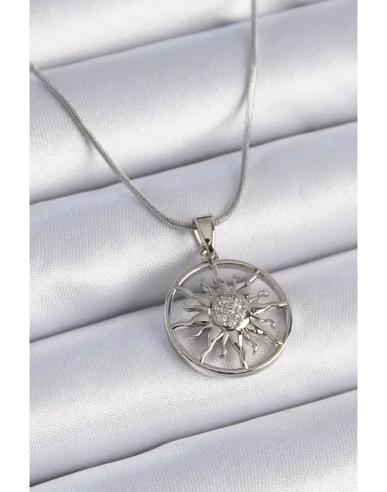  Zincir Gümüş  Zirkon Taşlı Güneş Model  Çelik Kolye