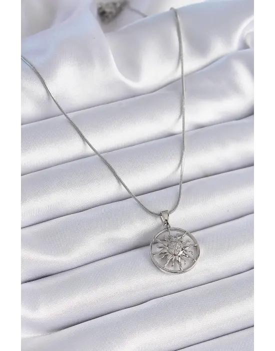  Zincir Gümüş  Zirkon Taşlı Güneş Model  Çelik Kolye