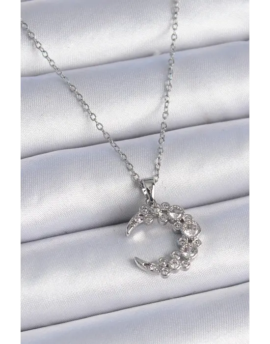 Zincir Gümüş  Zirkon Taşlı Hilal Model  Çelik Kolye
