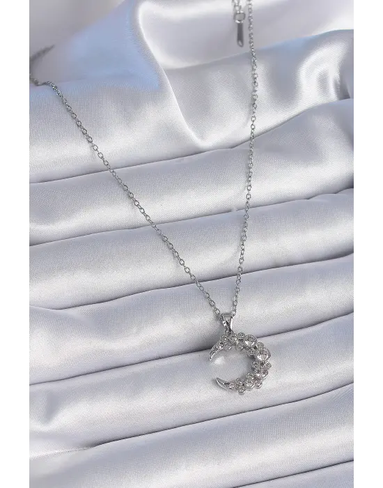  Zincir Gümüş  Zirkon Taşlı Hilal Model  Çelik Kolye