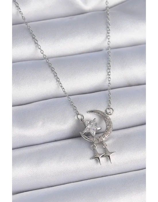  Zincir Gümüş  Zirkon Taşlı Hilal Model Yıldız Detay  Çelik Kolye