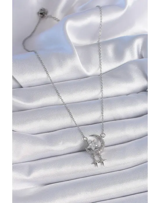  Zincir Gümüş  Zirkon Taşlı Hilal Model Yıldız Detay  Çelik Kolye