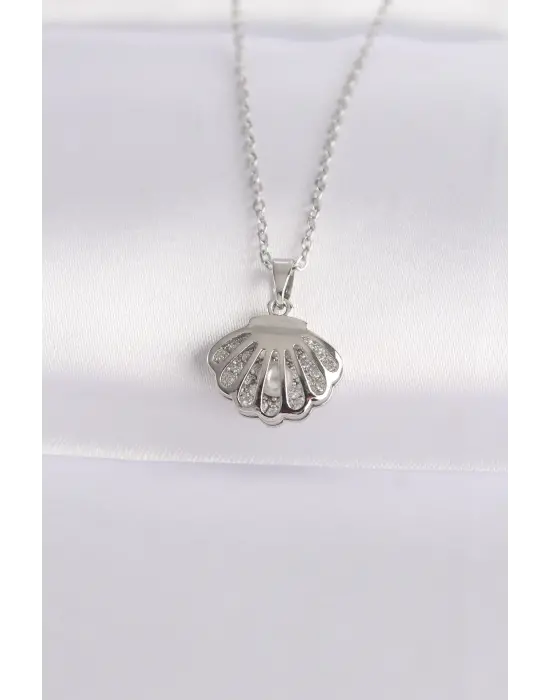  Zincir Gümüş  Zirkon Taşlı İnci Detay İstiridye Çelik Kolye