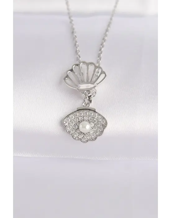  Zincir Gümüş  Zirkon Taşlı İnci Detay İstiridye Çelik Kolye