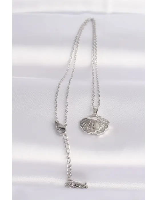  Zincir Gümüş  Zirkon Taşlı İnci Detay İstiridye Çelik Kolye