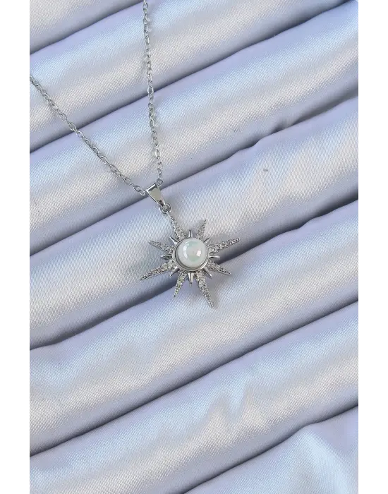  Zincir Gümüş  Zirkon Taşlı İnci Detay Kutup Yıldızı Çelik Kolye