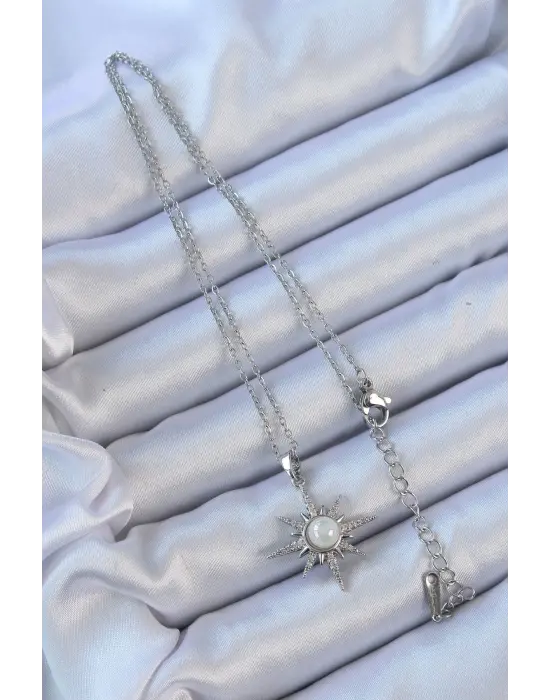  Zincir Gümüş  Zirkon Taşlı İnci Detay Kutup Yıldızı Çelik Kolye