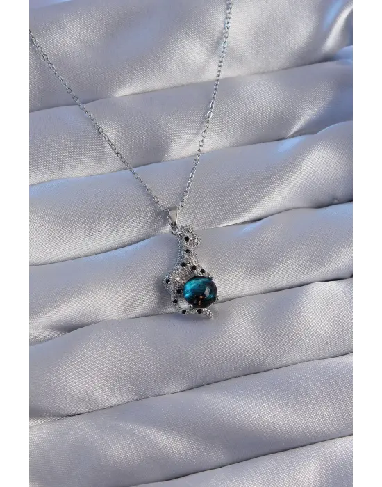  Zincir Gümüş  Zirkon Taşlı Jaguar Figürlü Gezegen Çelik Kolye