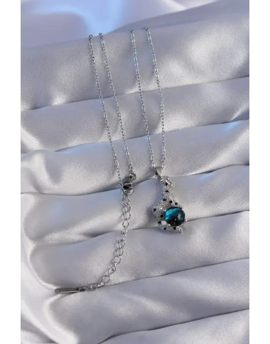  Zincir Gümüş  Zirkon Taşlı Jaguar Figürlü Gezegen Çelik Kolye