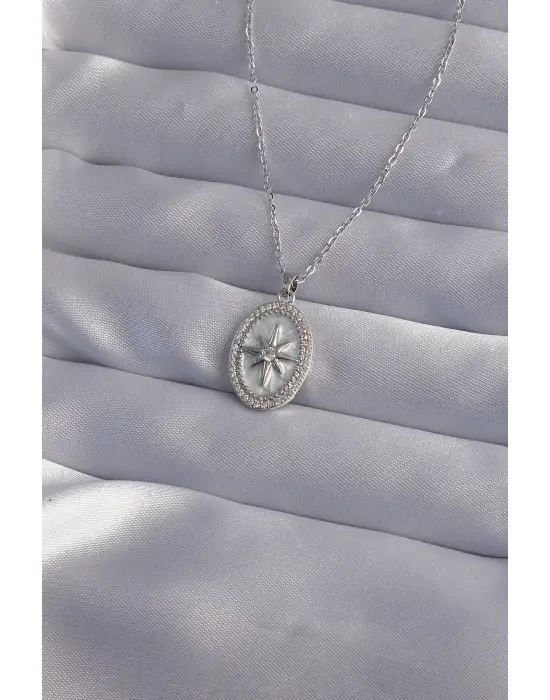  Zincir Gümüş  Zirkon Taşlı Kabartmalı Kutup Yıldızı Çelik Kolye