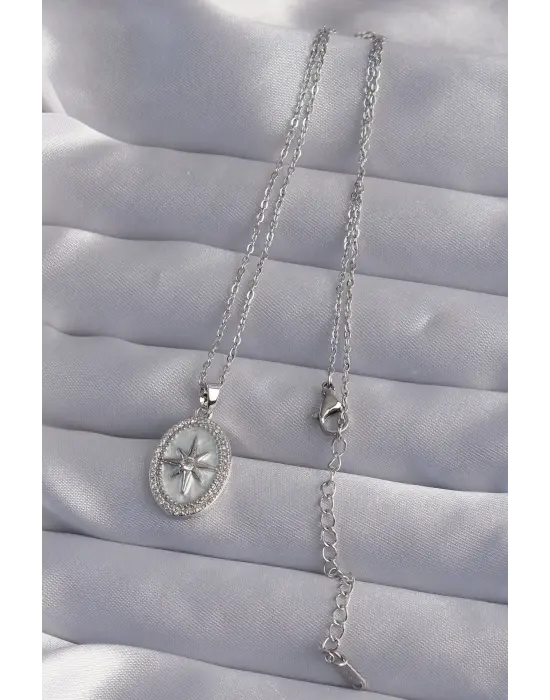  Zincir Gümüş  Zirkon Taşlı Kabartmalı Kutup Yıldızı Çelik Kolye