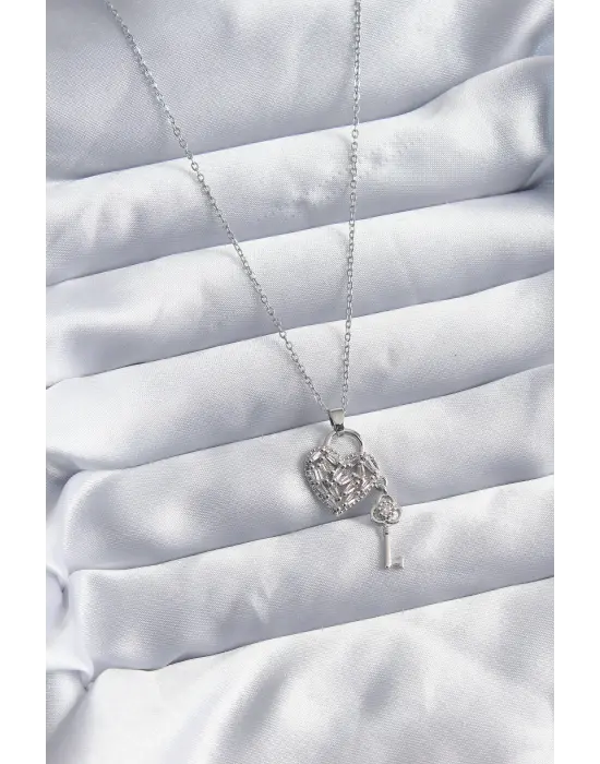  Zincir Gümüş  Zirkon Taşlı Kalp & Anahtar Model  Çelik Kolye
